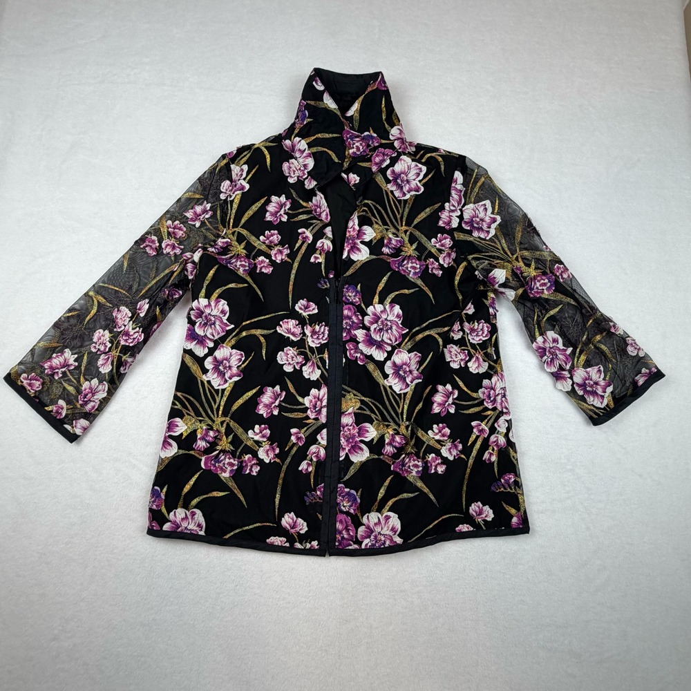 Drapers & Damons Jacket Women Medium Black Purple Gold Floral Mesh Zip‎